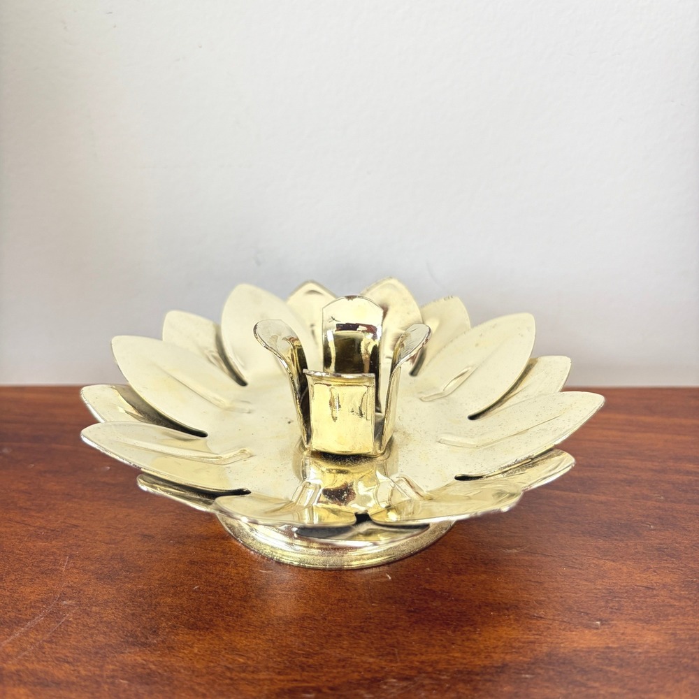 Vintage Metal Glow by Galow Brass Lotus Flower Taper Candle Holder Made in USA